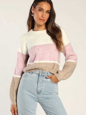 Lulu's Colorblock Cable Knit Sweater in White, Pink & Tan